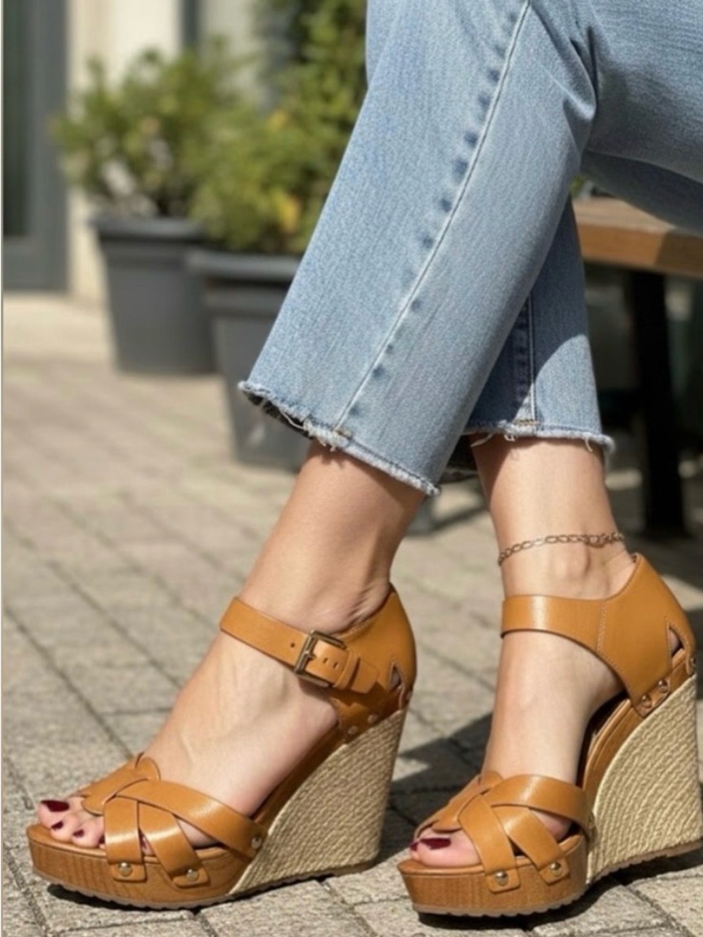 Michael Kors Tan Wedge Sandals with Ankle Strap - Women's Casual Summer Shoes